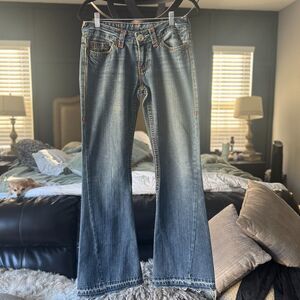 True Religion Bobby Super T Jeans 29 Made in USA Distressed Raw Hem Thick Stitch